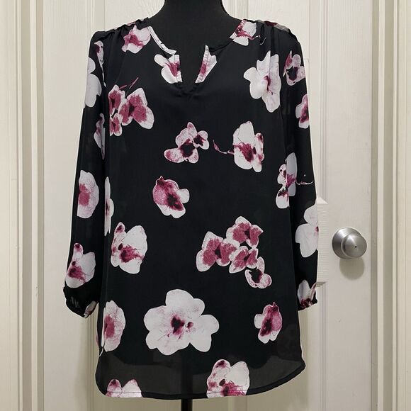Violet + Claire Semi Sheer Blouse Black Floral 3/4 Sleeve Women's Medium M - Picture 1 of 7